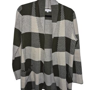 New Directions Plaid Open Front Cardigan - Black and Cream